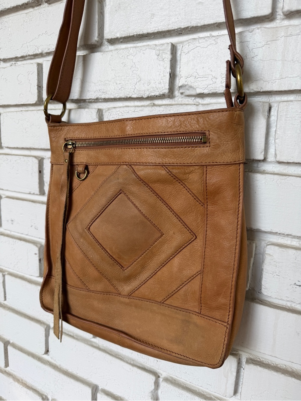 Lucky Brand Tan Leather Diamond Patchwork Crossbody Bag